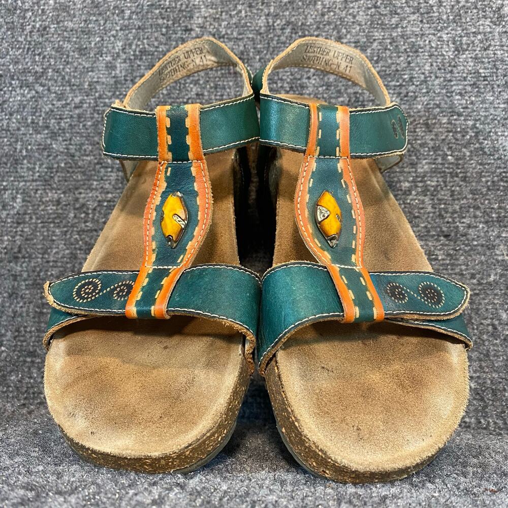 L'Artiste by Spring Step Green Orange Embellished Leather Wedge Sandals 41 US 11